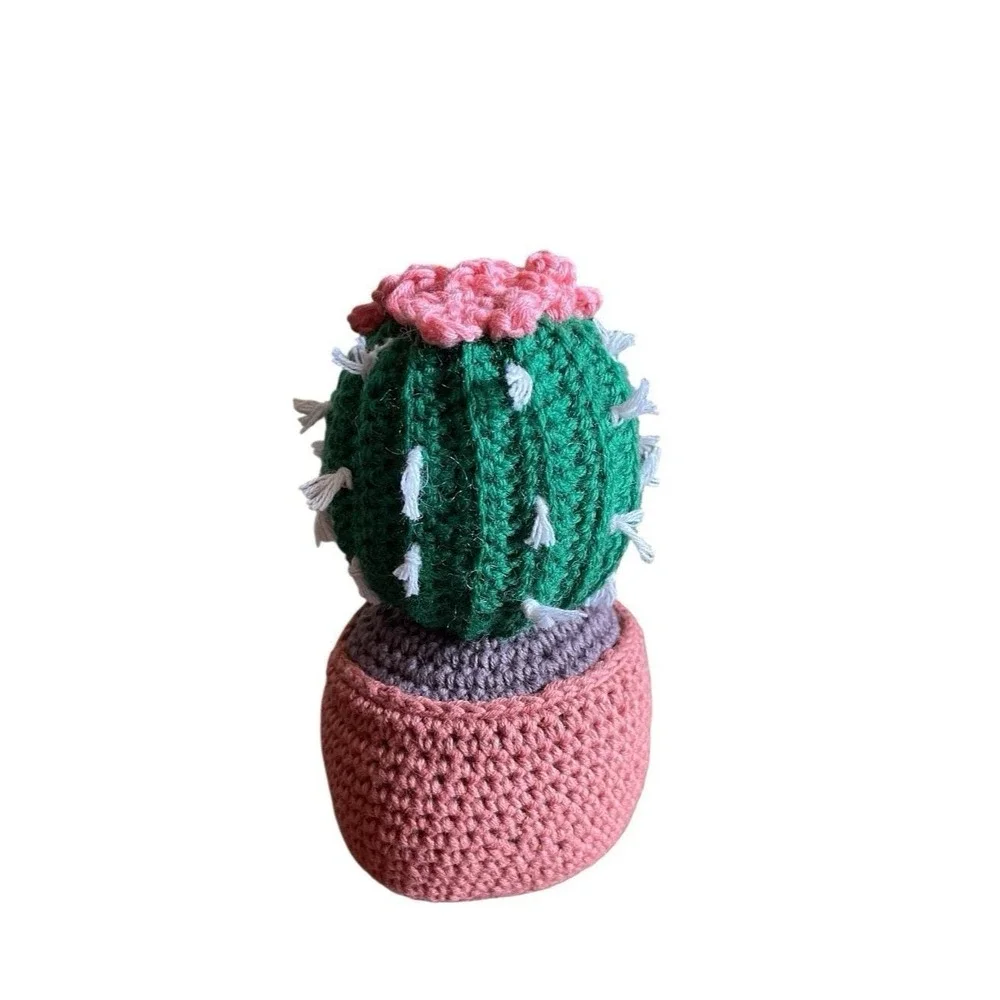 Handmade Crochet Ball Cactus with Pink Flowers Decorative Crocheted Plant Spikes